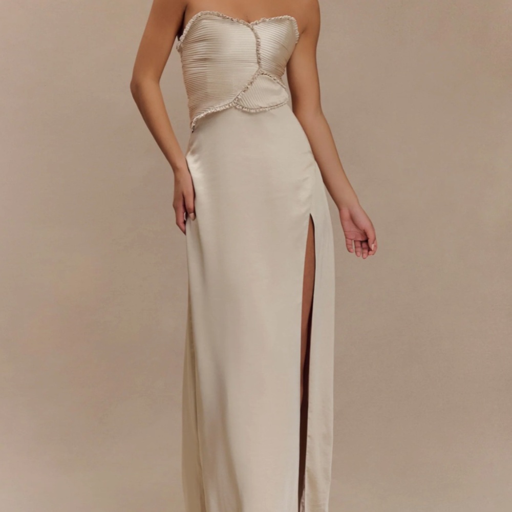 Larissa Satin Maxi Dress With Ruched Petals - Blush Gold (Meshki) - Picture 1 of 2